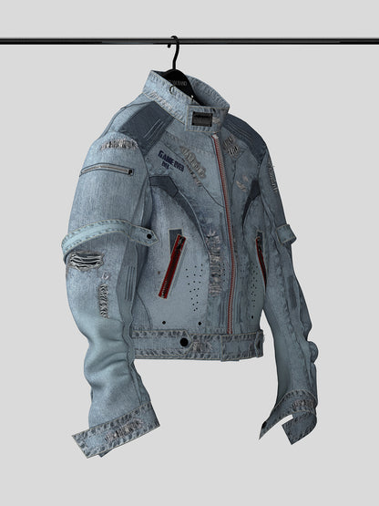 Stand Neck Damage Zipper Denim Jacket WN27105