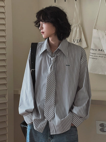 With Tie Striped Oversize Long Sleeve Shirt WN20245