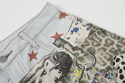 Allover Leopard Print Wide Leg Short Denim Jeans WN25650