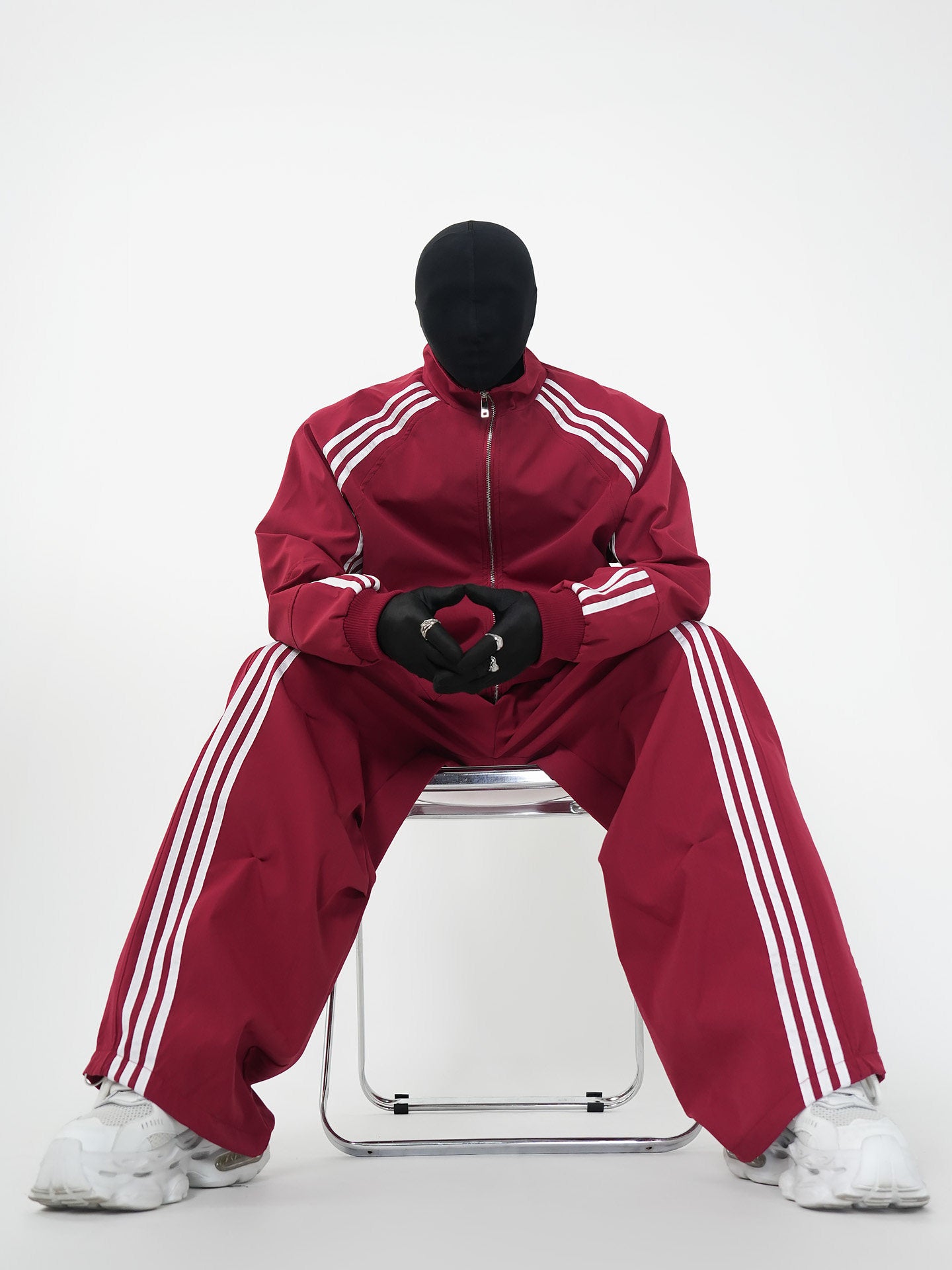 Three-Stripe Stand Neck Water-Repellent Jacket & Curved Wide Leg Pants Setup WN24142