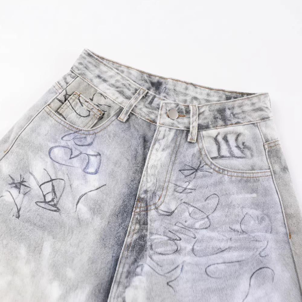 Print Graffiti Wide Leg Denim Jeans WN27844