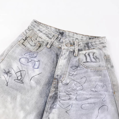 Print Graffiti Wide Leg Denim Jeans WN27844