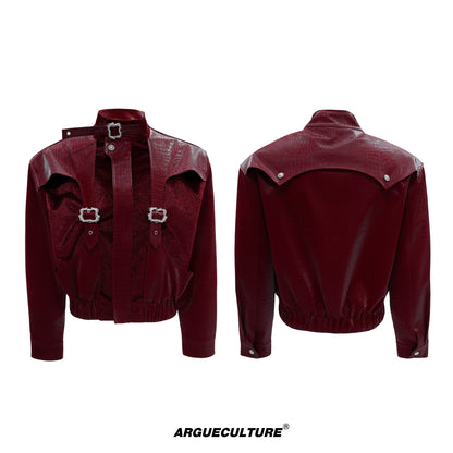 Crocodile Texture Standing-Collar PU Leather Jacket WN21752