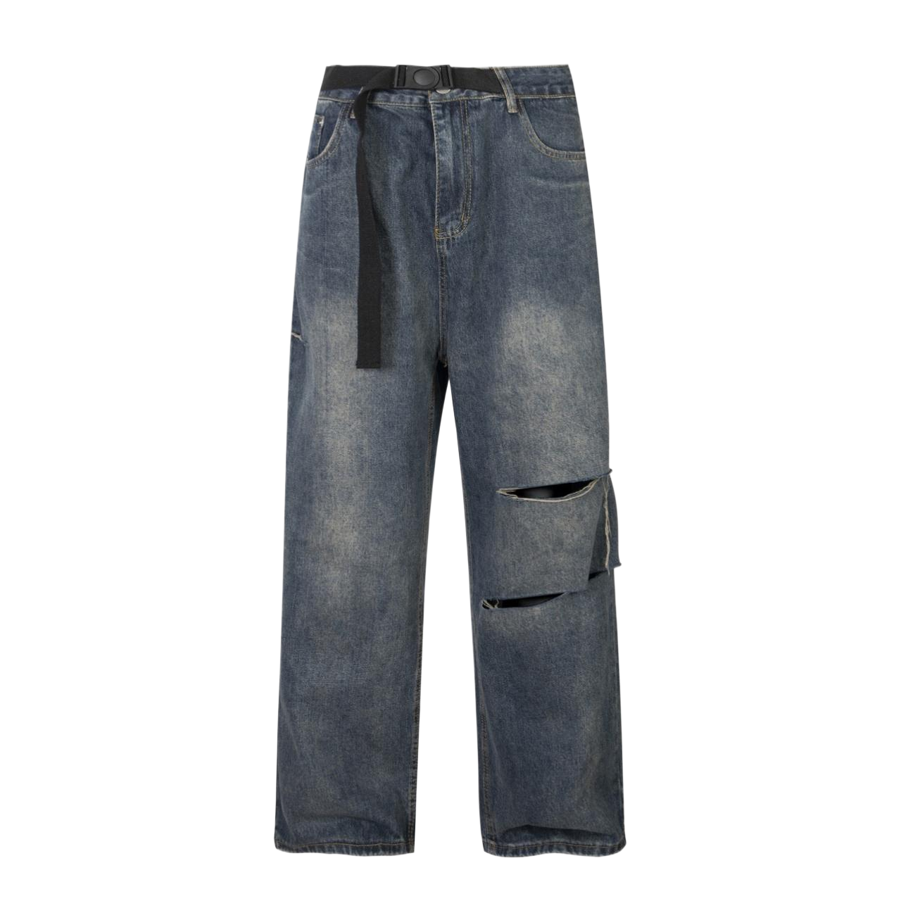 Washed Knife Cut Wide-Leg Straight Denim Jeans WN6943