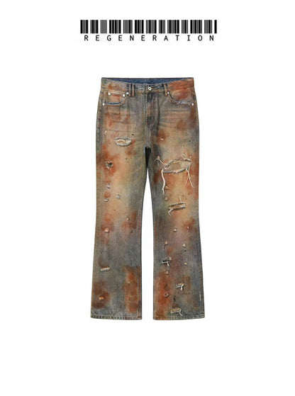 Dirty Stain Washed Damage Straight Denim Jeans WN19684