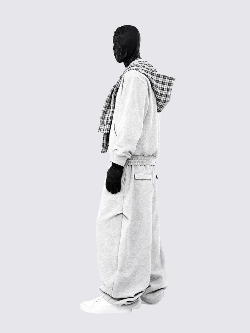 Plaid Scarf Zipper Jacket & Wide Leg Drawstring Pants Setup WN28040