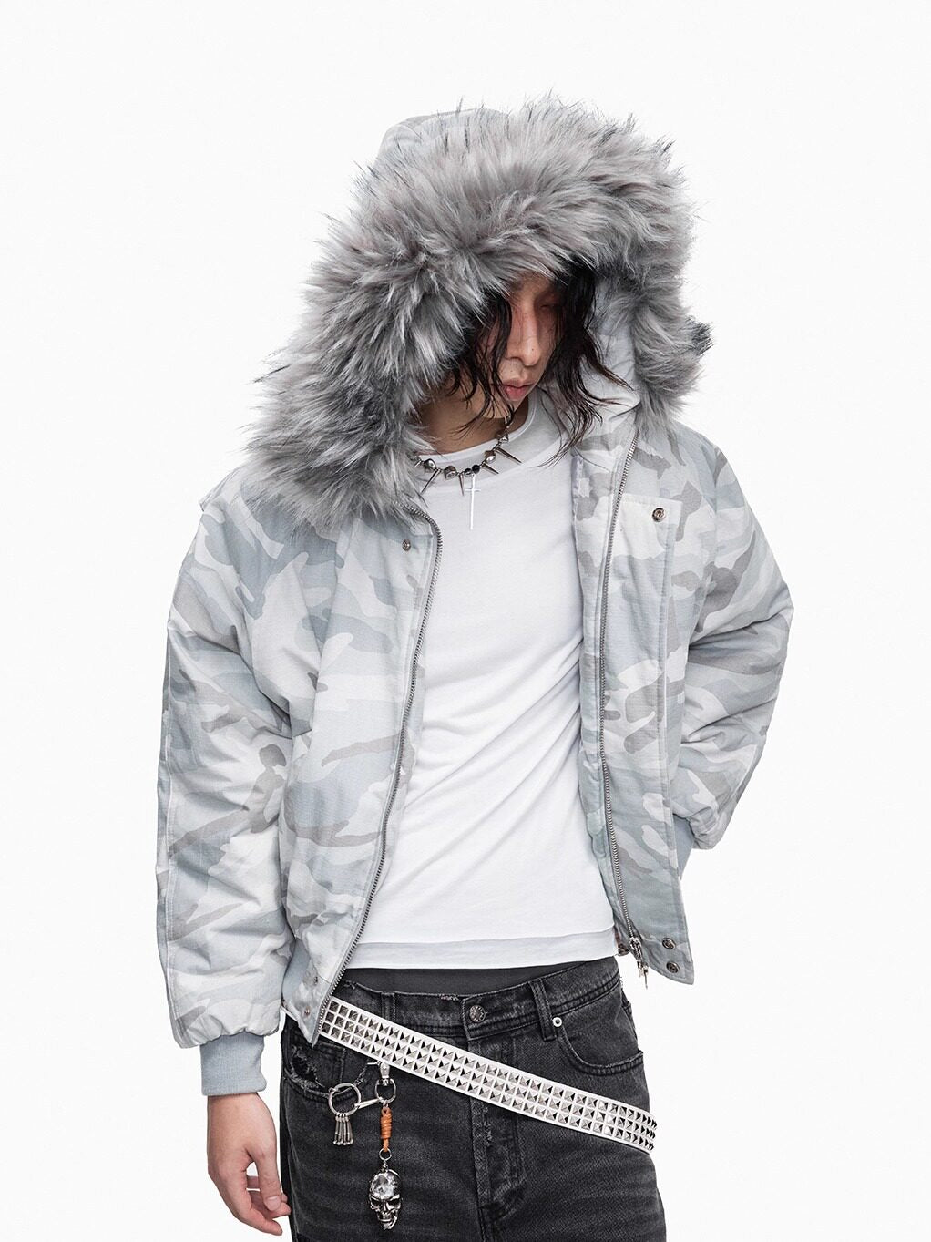 Camouflage Fake Fur Collar Cropped Puffer Jacket WN27364
