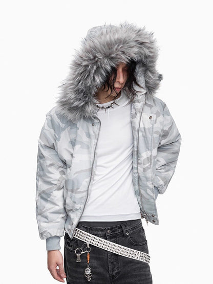 Camouflage Fake Fur Collar Cropped Puffer Jacket WN27364