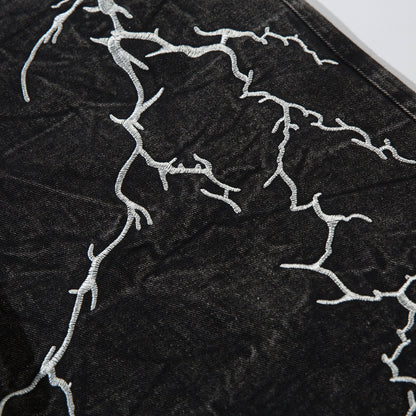 Washed Flare Lightning Embroidery Wide-Leg Denim Jeans WN12663