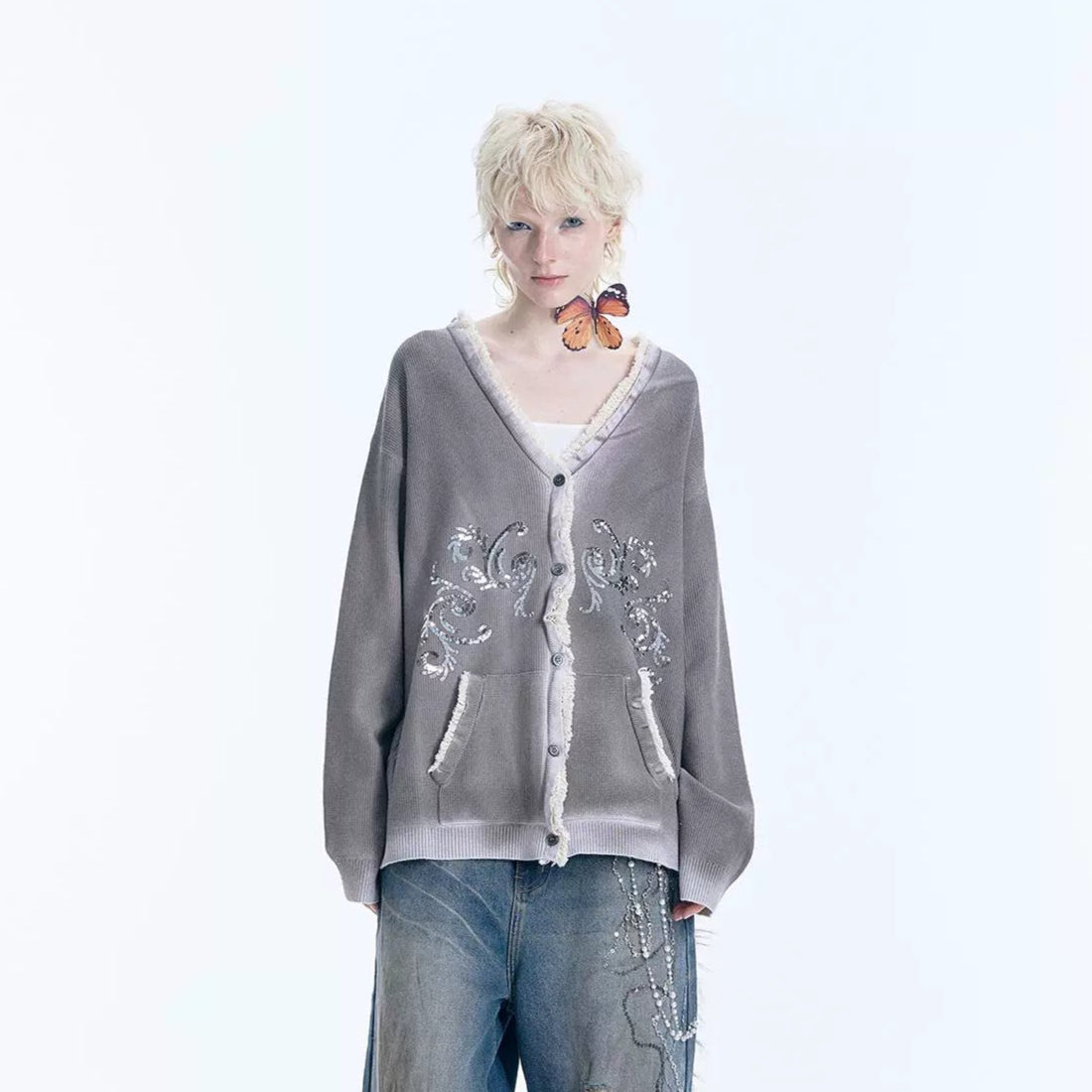 Sequin Embroidery Lace Trim Spray Wash Knit Cardigan WN18925