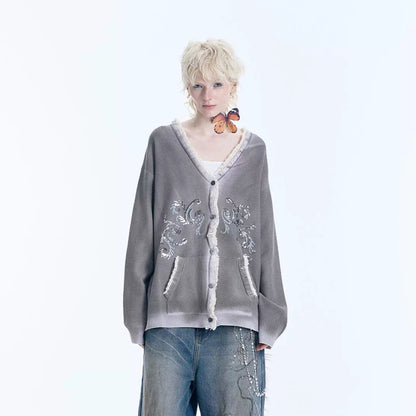 Sequin Embroidery Lace Trim Spray Wash Knit Cardigan WN18925