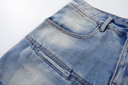 Washed Damage Graphic Denim Half Jeans WN28002