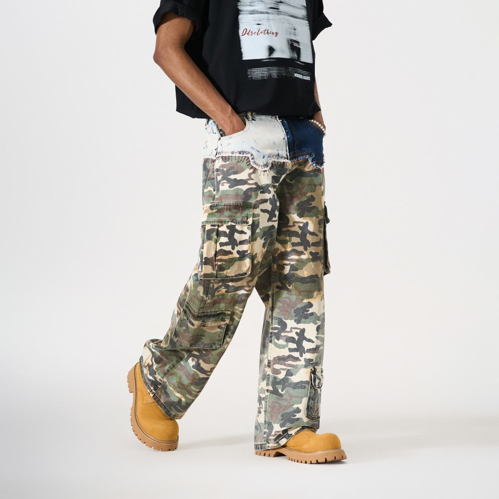 Denim Camouflage Patchwork Multi-Pocket Wide Leg Cargo Pants WN27858