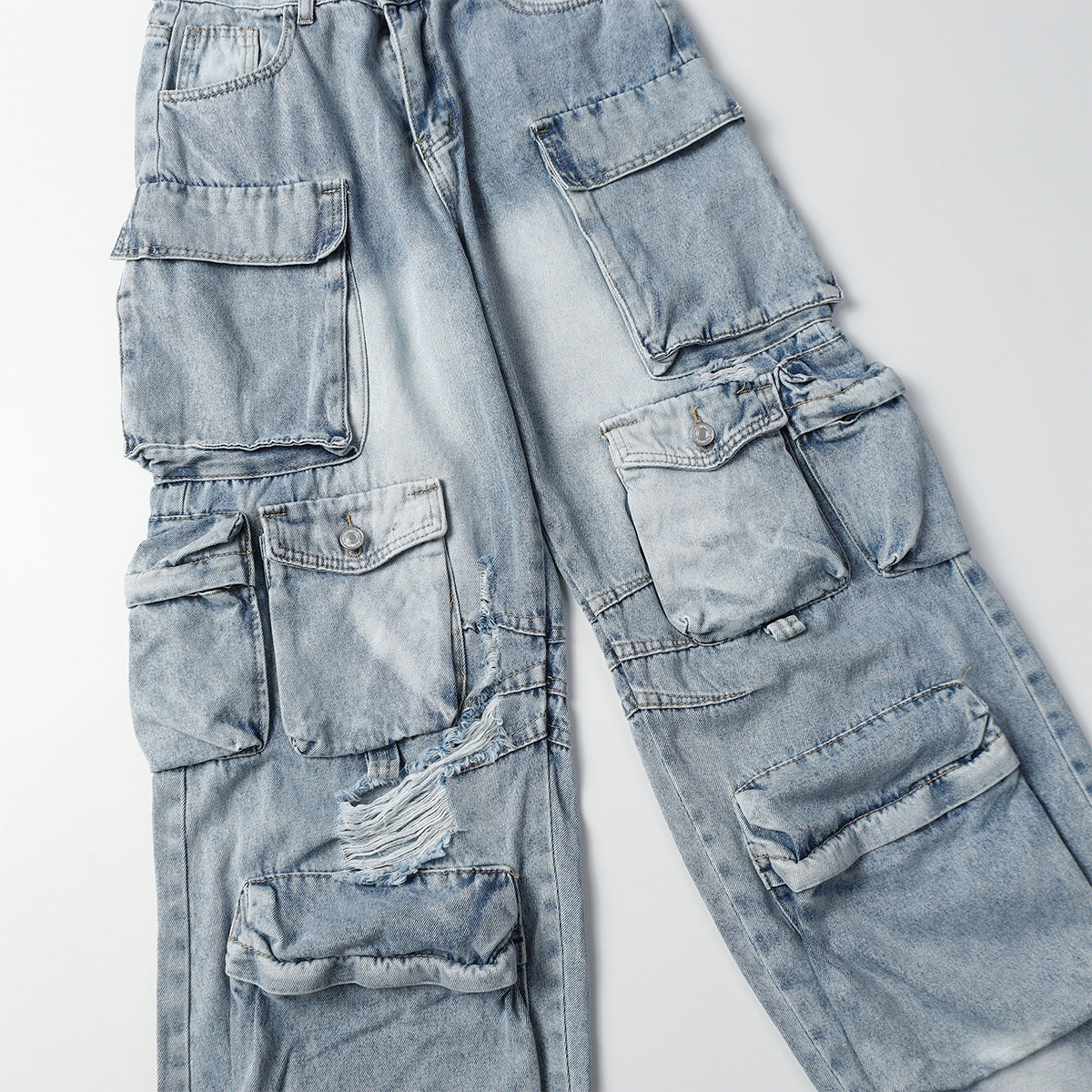 Multi-Pocket Washed Wide-Leg Cargo Denim Jeans WN11280