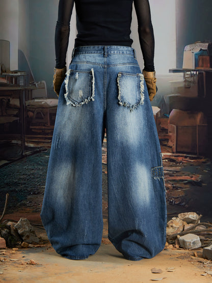 Splicing Studs Washed Damage Wide Leg Denim Jeans WN21343