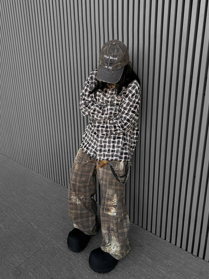 Leopard Plaid Print Curved Cargo Pants WN24198