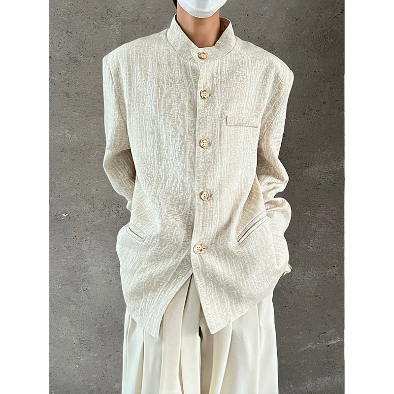 Standing-Collar Linen Jacquard Tailored Jacket WN20028
