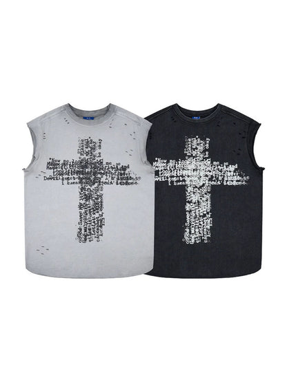 Cross Graphic Damage Sleeveless T-Shirt WN28060
