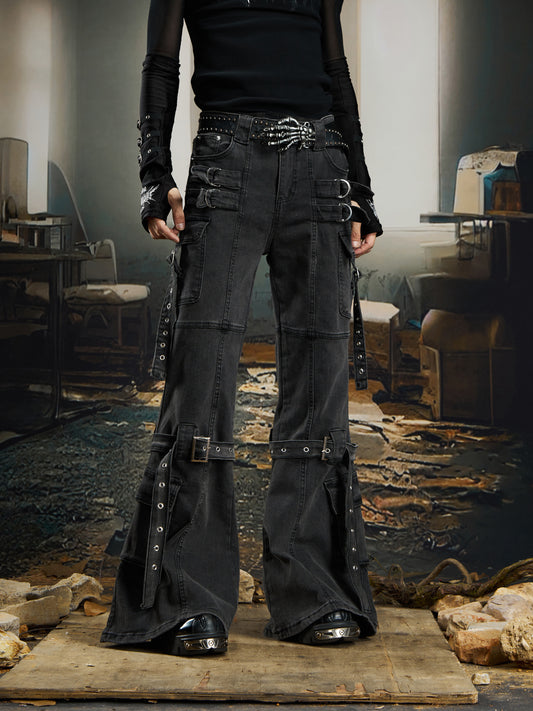 Deconstruction Ribbon Strap Flare Denim Jeans WN22760