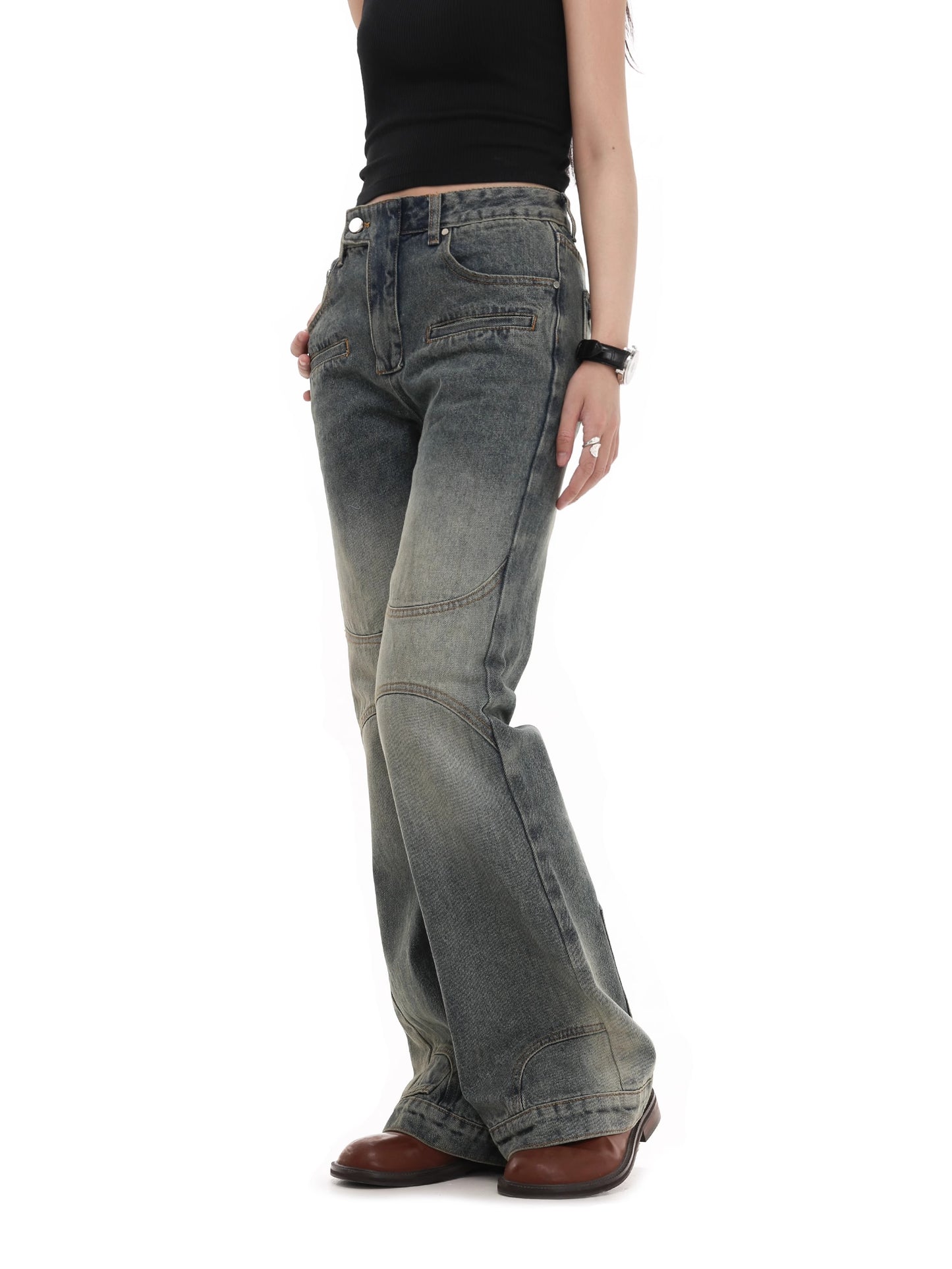 Damage Wide Leg Straight Denim Jeans WN7983