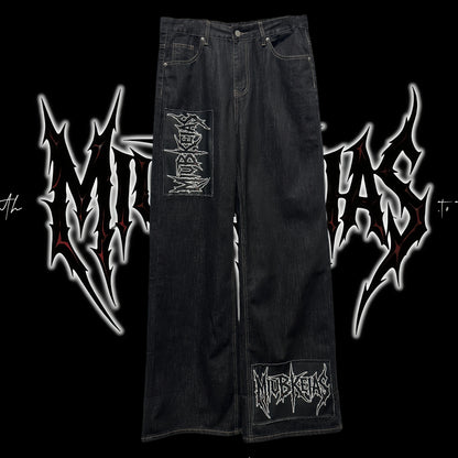 Graphic Letter Patchwork Wide Leg Denim Jeans & Belt & Chain WN20137