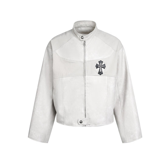 Cross Patchwork Oversize PU Leather Jacket WN23034