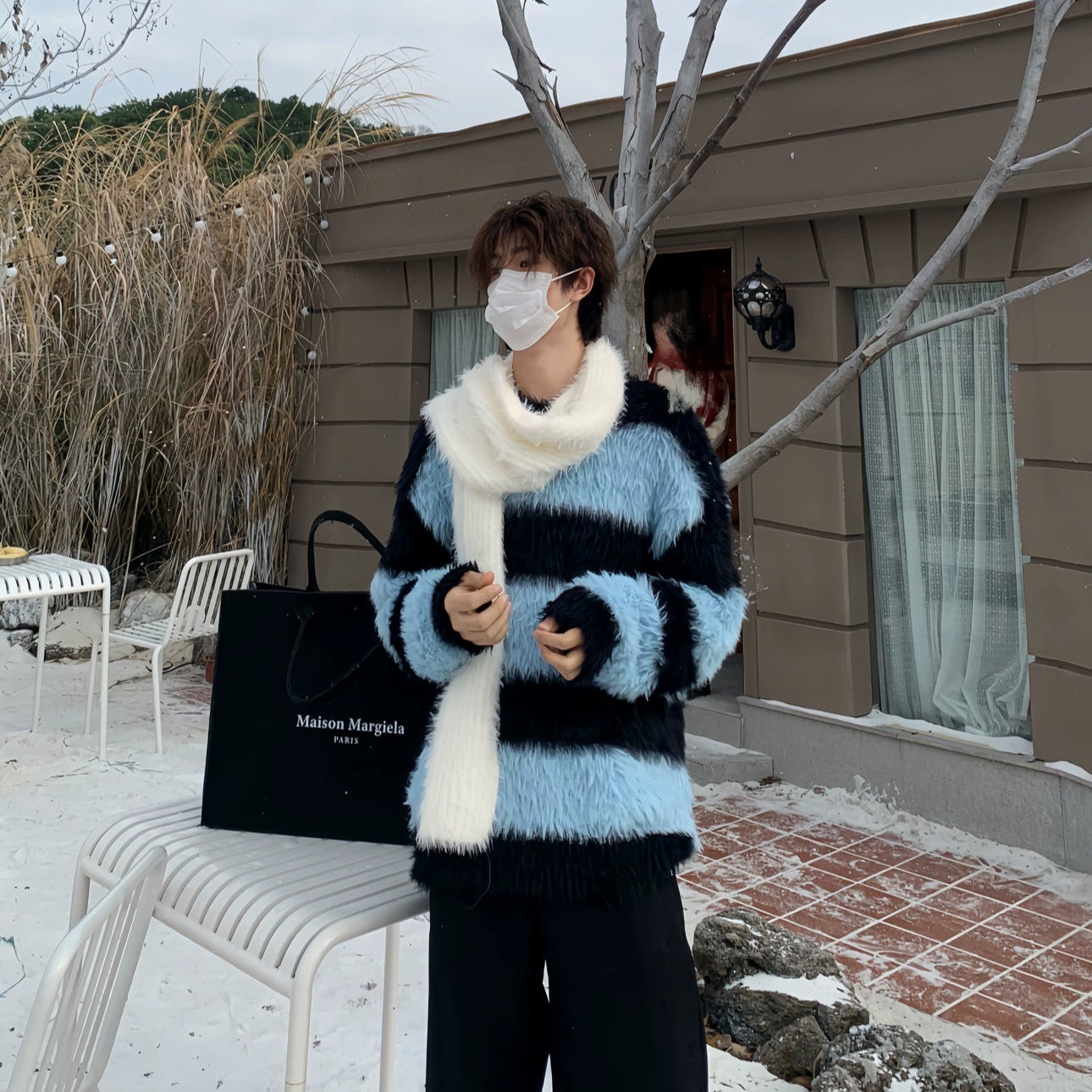 Stripe Fake Fur Pullover Knit Sweater WN19922