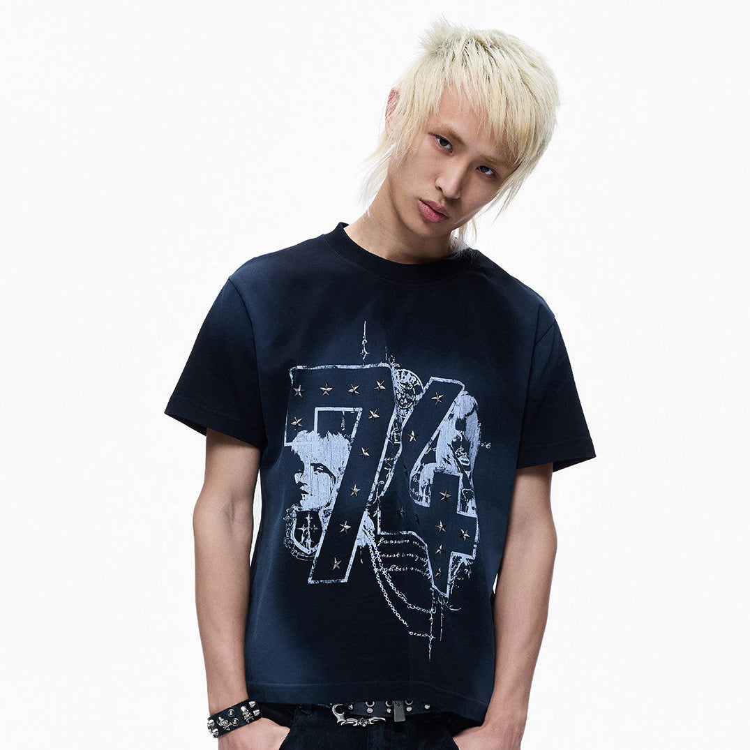 Washed Spray Paint Stud Print Short Sleeve T-Shirt WN27355