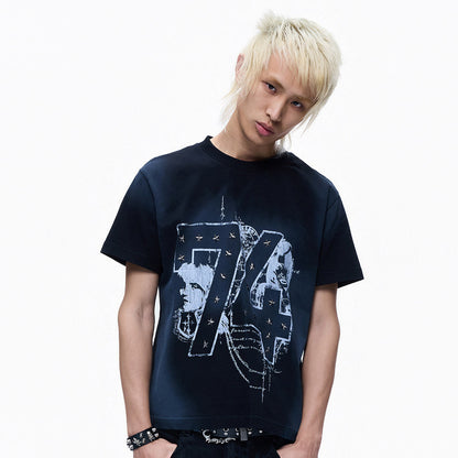 Washed Spray Paint Stud Print Short Sleeve T-Shirt WN27355