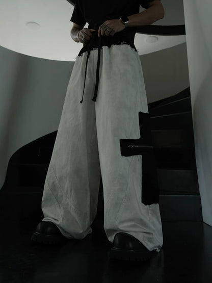 Deconstructed Curved Frayed Drawstring Wide Leg Cargo Pants WN27850