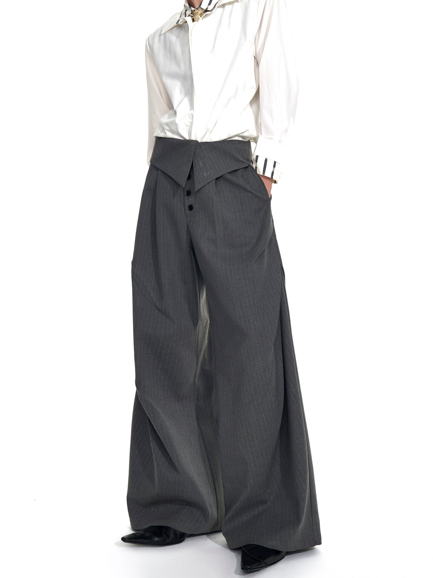 Foldable Waist Pinstripe Flare Trousers WN20938