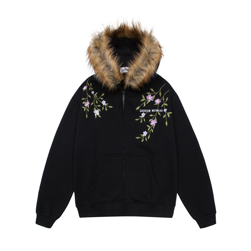 Fake Fur Collar Floral Embroidery Hoodie WN24287
