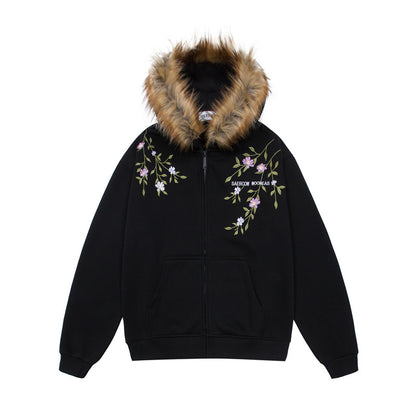 Fake Fur Collar Floral Embroidery Hoodie WN24287