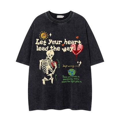 Washed Skeleton Letter Short Sleeve T-Shirt WN26757