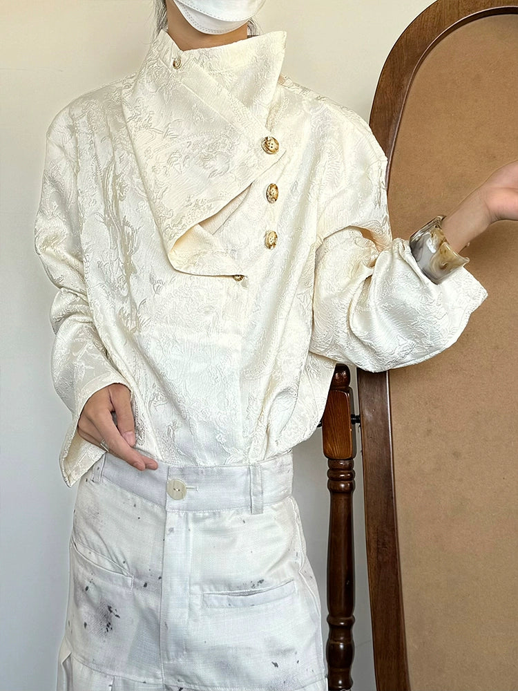 Embroidery Jacquard Asymmetrical Long Sleeve Shirt WN19942