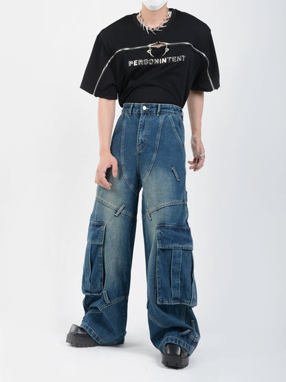 Multi Pocket Workwear Wide-Leg Cargo Denim Jeans WN6094