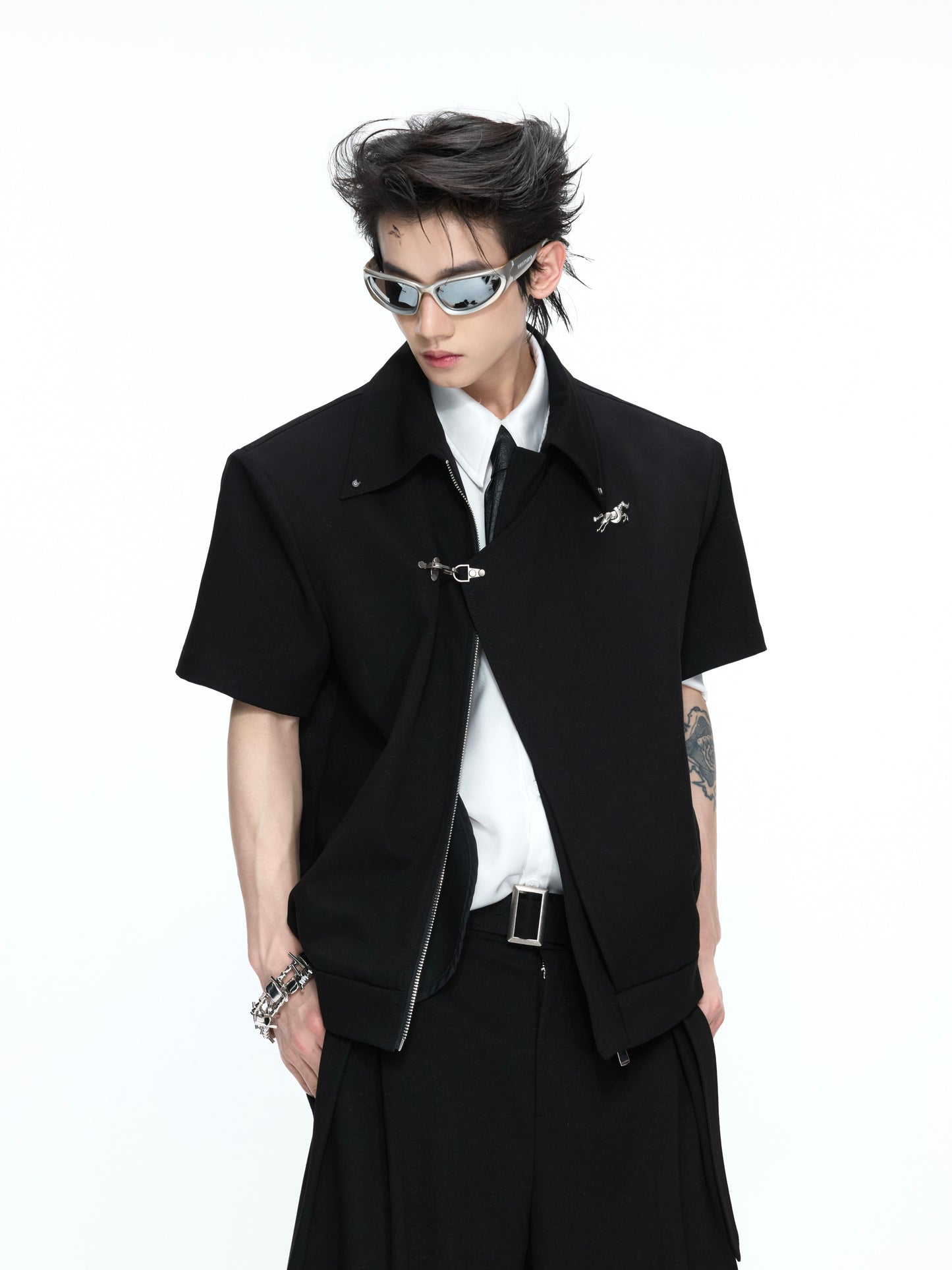 Asymmetric Fake Layered Shoulder Pad Short Jacket & Wide Leg Pants Setup WN26975