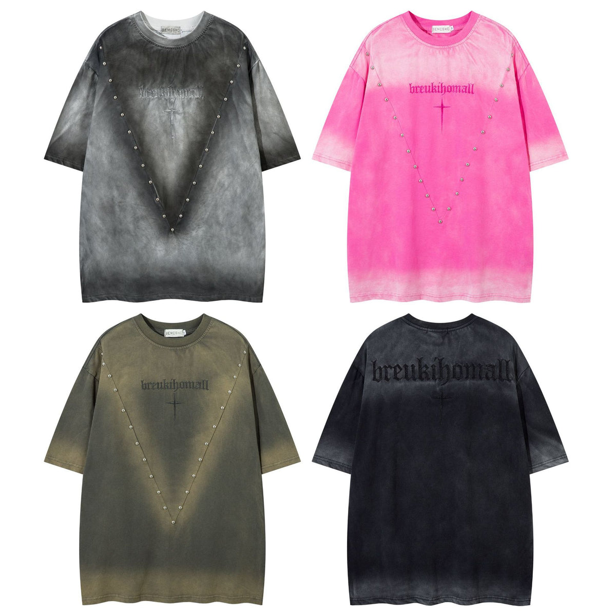 Washed Studded Letter Embroidery Short Sleeve T-Shirt WN26832