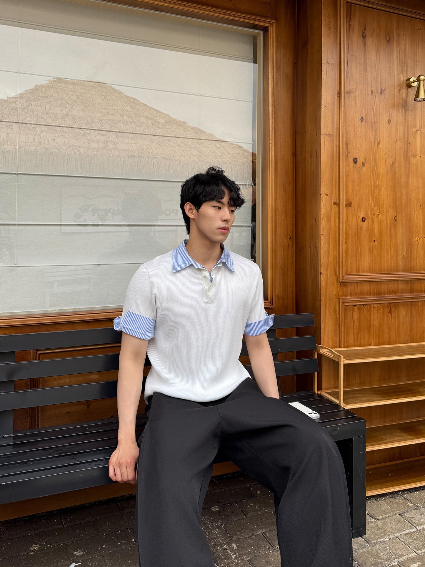 Fake Layered Stripe Collar Short Sleeve Polo Shirt WN24899