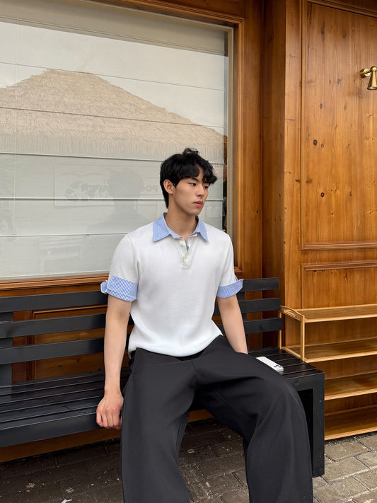 Fake Layered Stripe Collar Short Sleeve Polo Shirt WN24899
