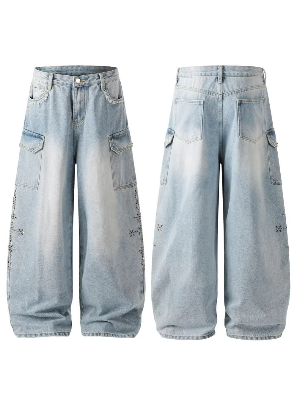 Rhinestone Studded High-Waist Wide Leg Denim Jeans WN27911