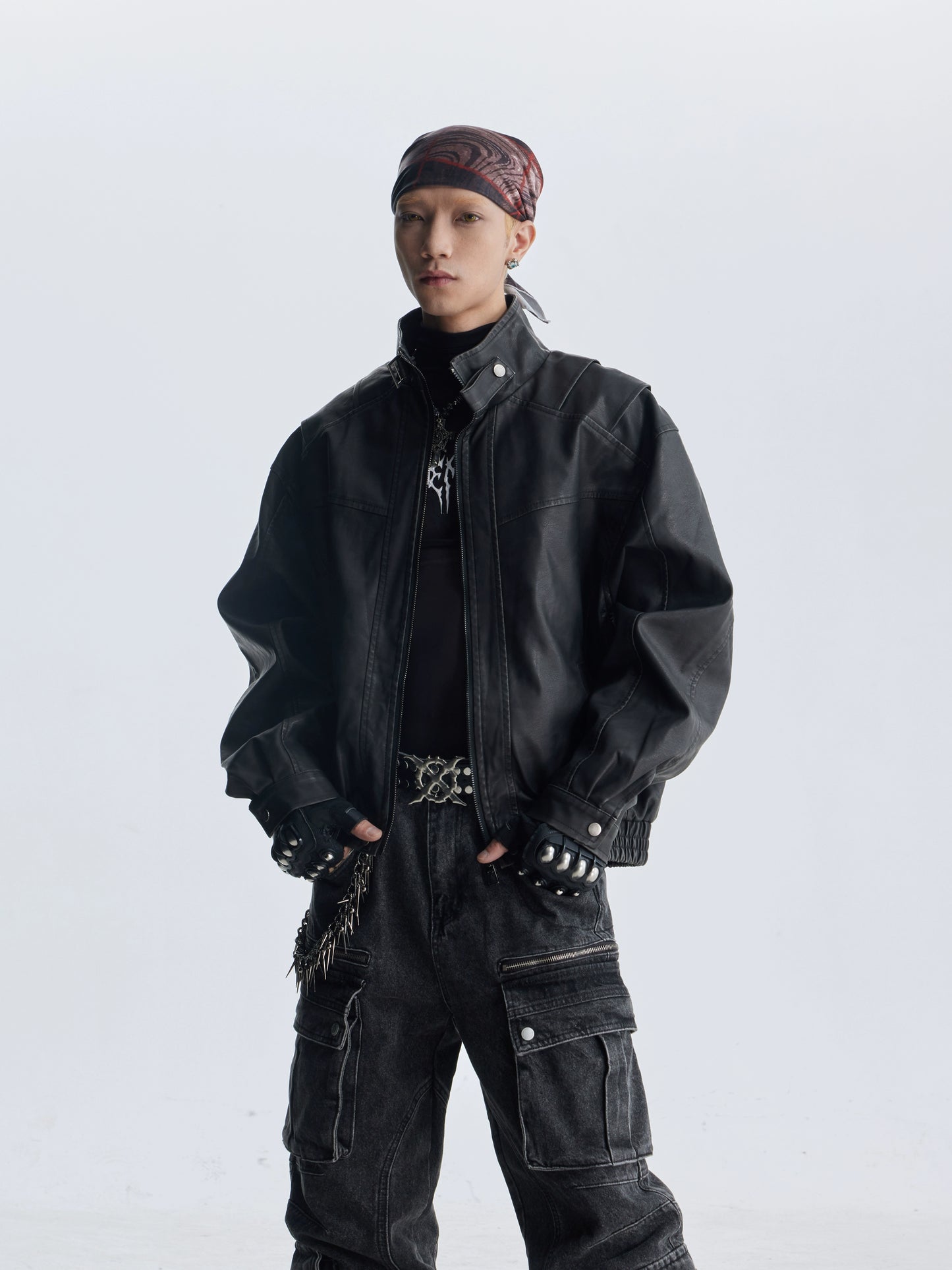 Deconstruction Patchwork Standing-Collar Belt Oversize PU Leather Jacket WN20813