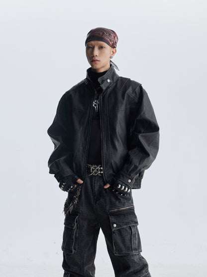 Deconstruction Patchwork Standing-Collar Belt Oversize PU Leather Jacket WN20813