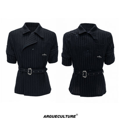 Asymmetric Stripe Waist-Tie Metal Buckle Short Sleeve Shirt WN27031