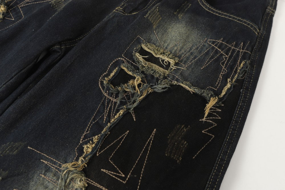 Damage Paint Graphic Wide Leg Denim Jeans WN28083