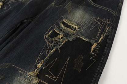 Damage Paint Graphic Wide Leg Denim Jeans WN28083