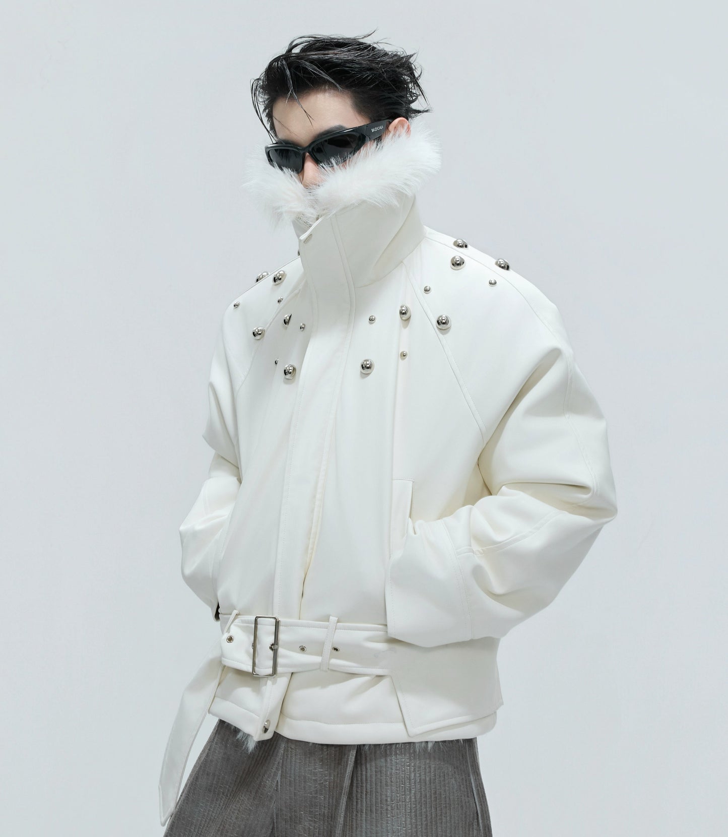 Studs High-Neck Fake Fur Collar PU Leather Puffer Jacket WN21719