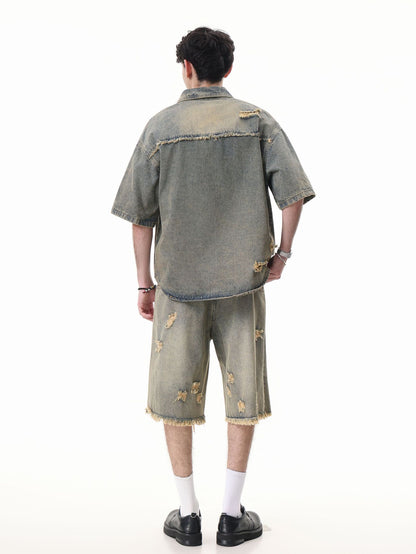 Washed Damage Wide Leg Denim Short Pants WN25596