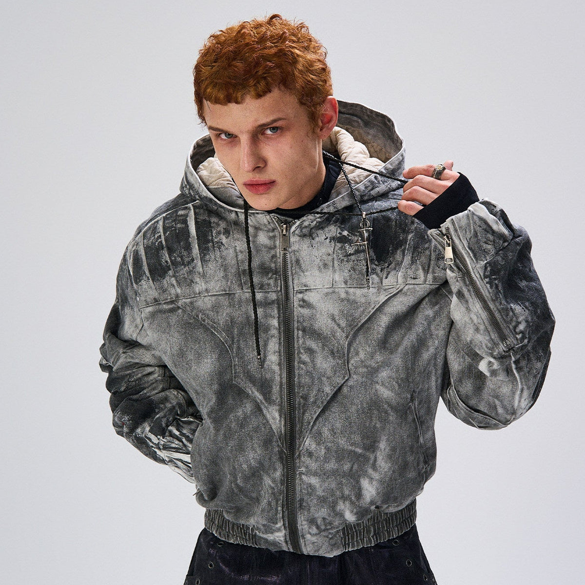 Mud Dye Pleats Hooded Denim Puffer Jacket WN27467