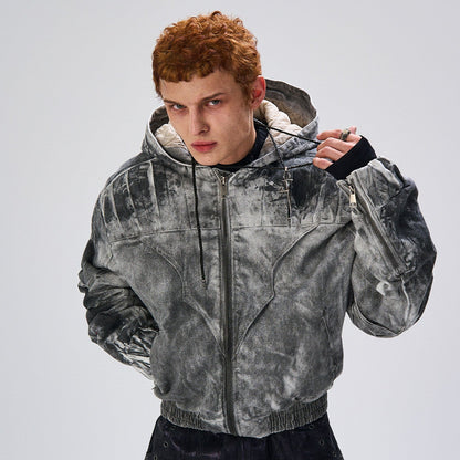 Mud Dye Pleats Hooded Denim Puffer Jacket WN27467